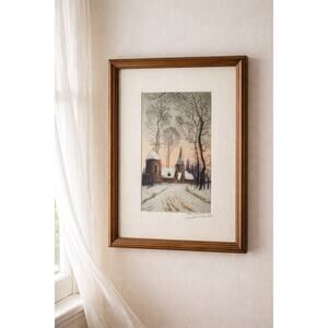 Signed Hand-Colored Etching Winter Village Church Scene Mid-20th Century